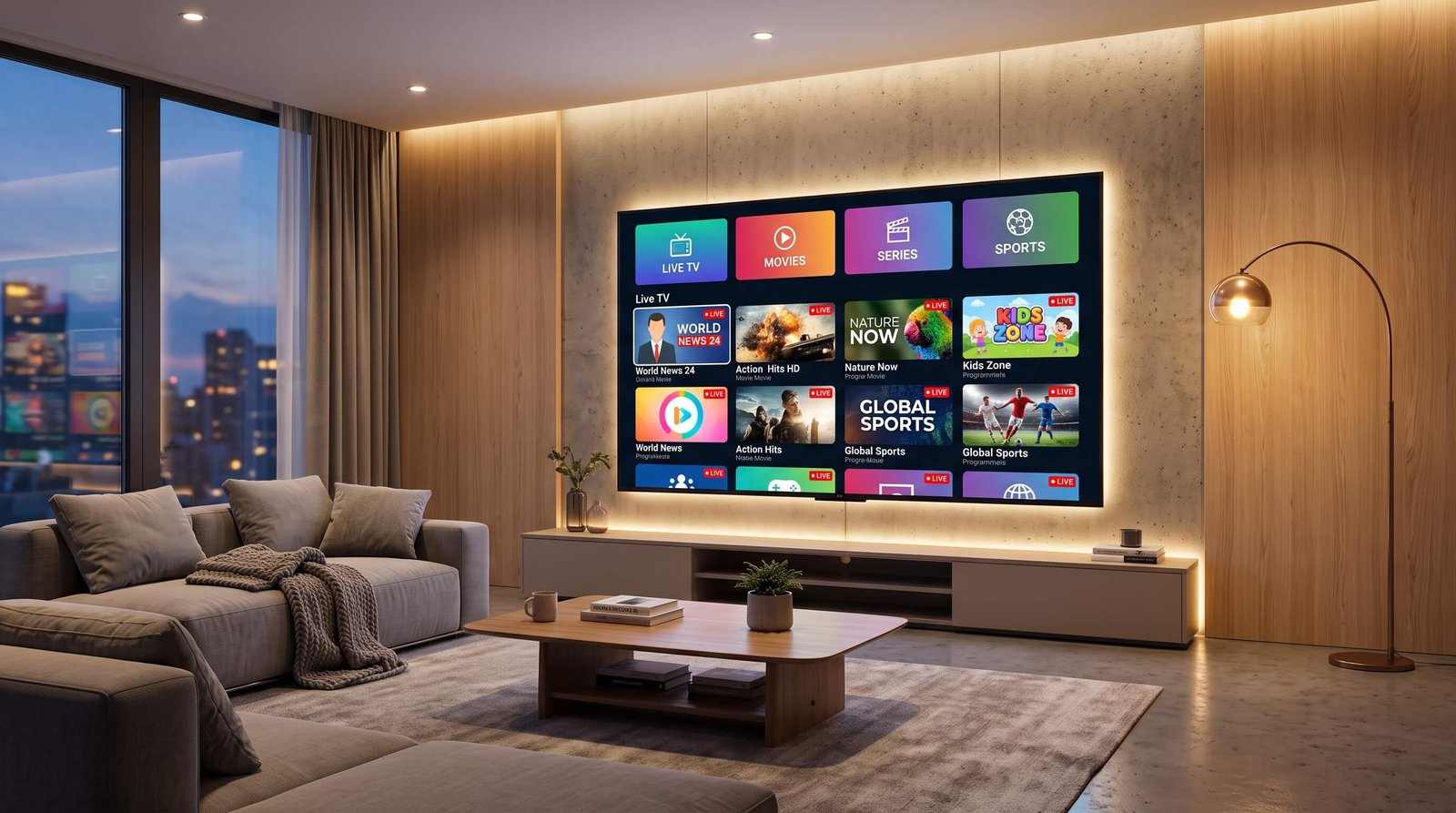Smart TV IPTV streaming app interface displayed on living room television