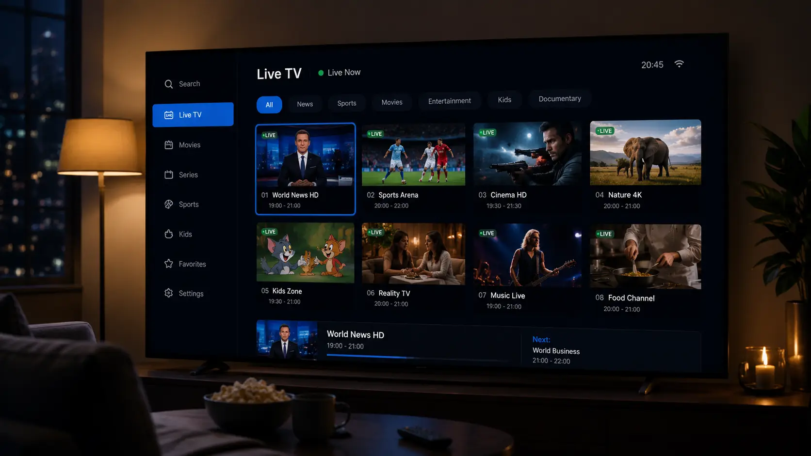 Smart TV IPTV live TV guide interface on a smart TV