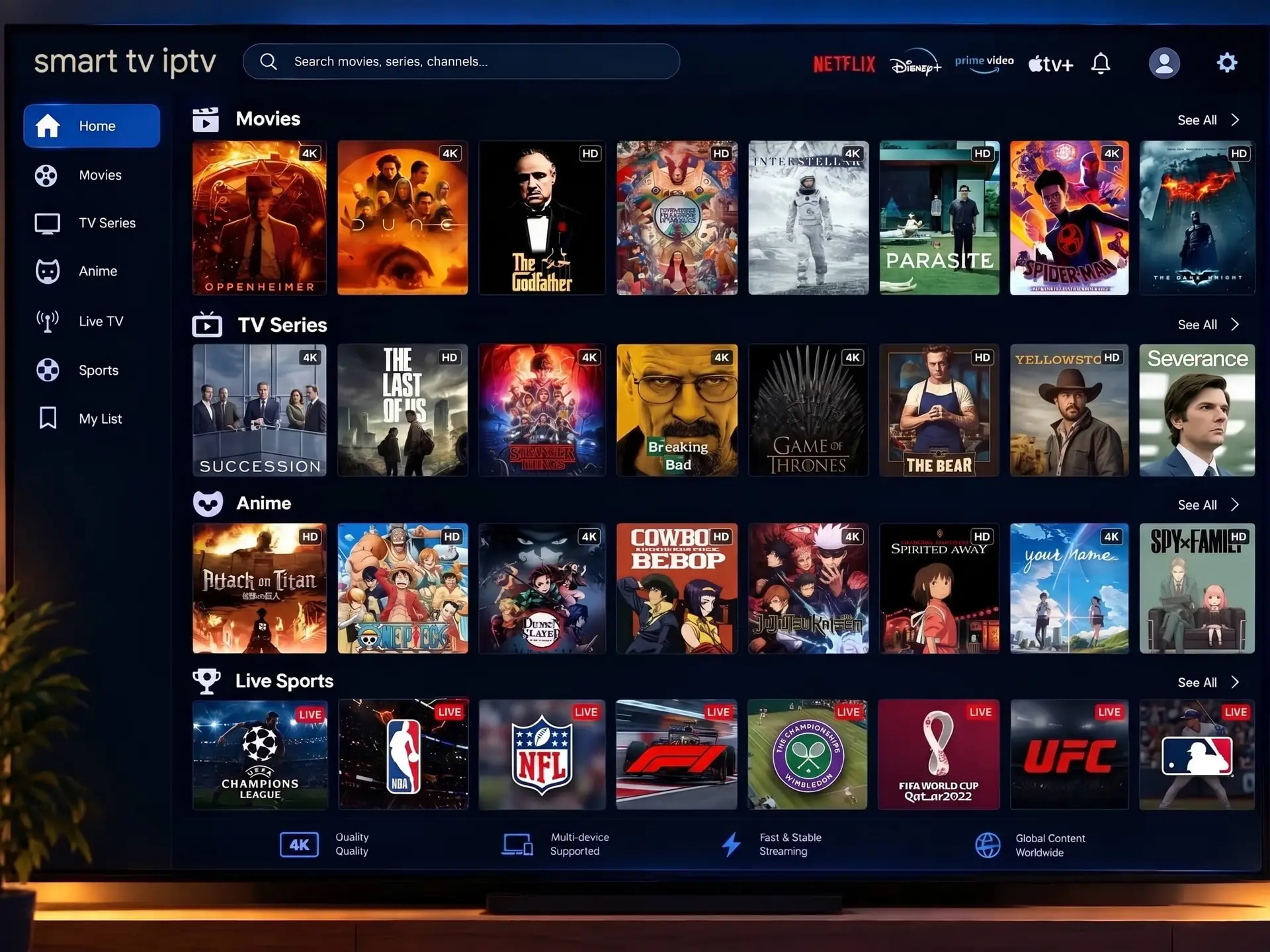 Smart TV IPTV live channel guide displayed on a smart TV in a living room